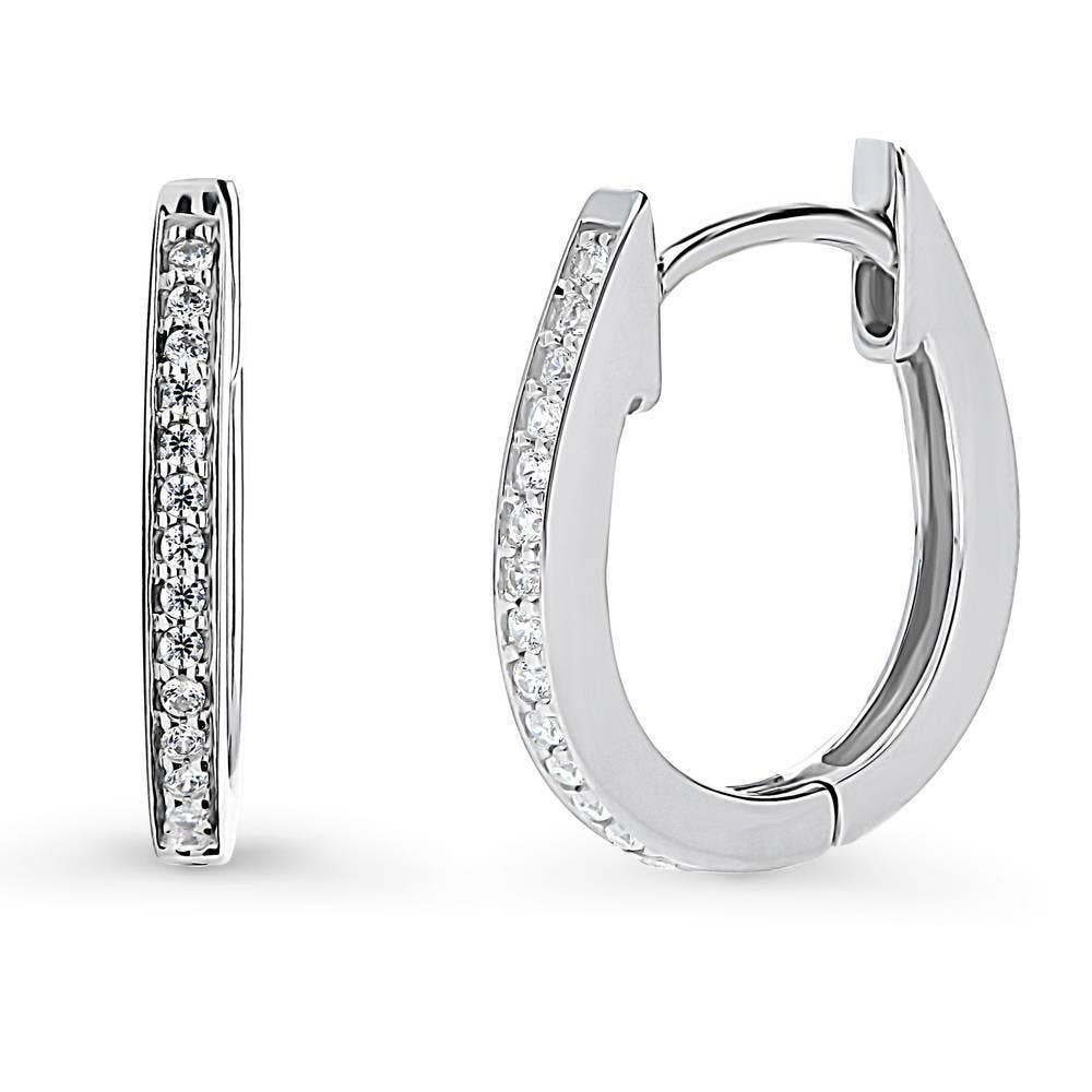 BERRICLE Silver Oval Bar CZ Medium Hoop Earrings 0.6"