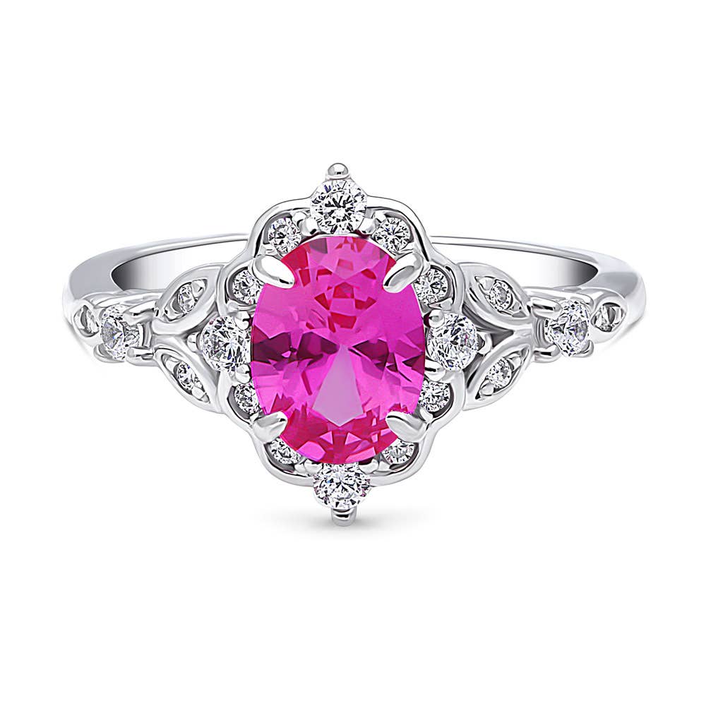 BERRICLE Silver Halo Pink Oval CZ Wedding Engagement Ring