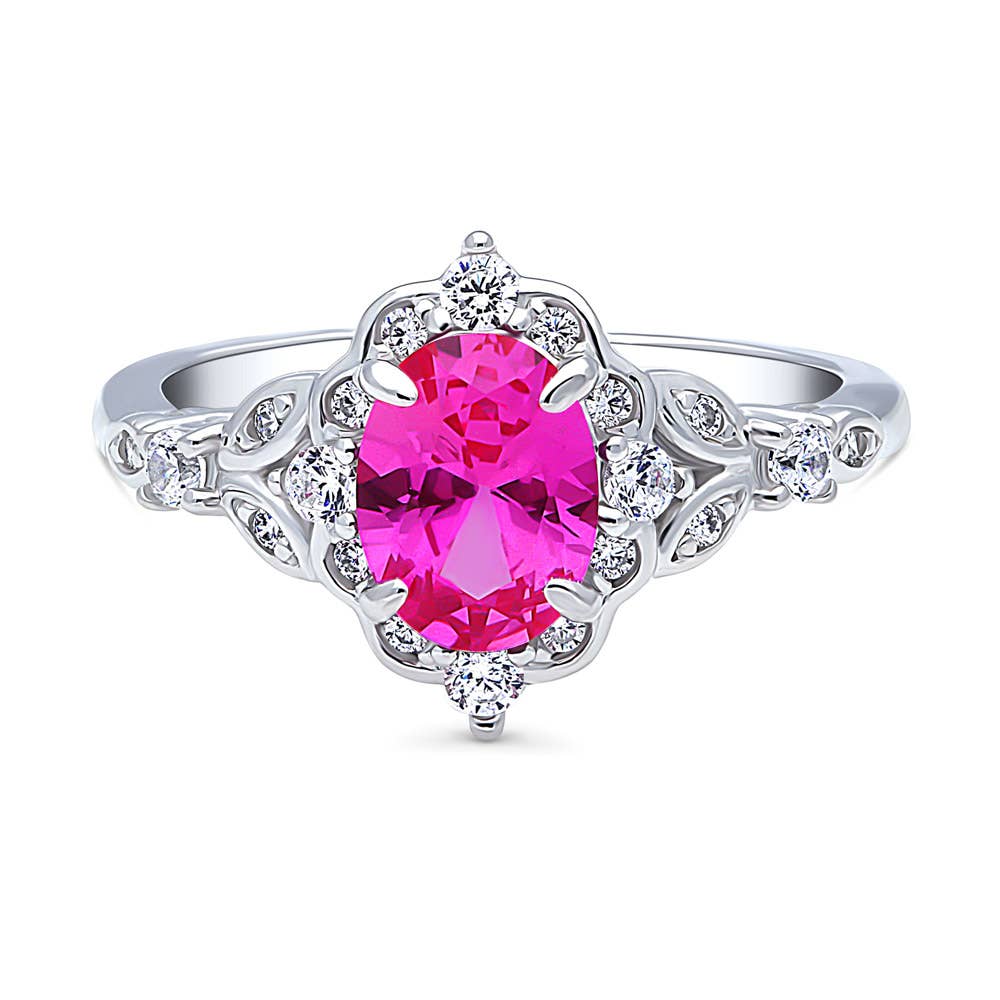 BERRICLE Silver Halo Pink Oval CZ Wedding Engagement Ring