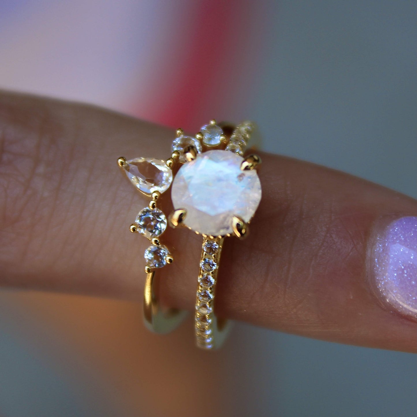 Ava Moonstone & Topaz Two Ring Set