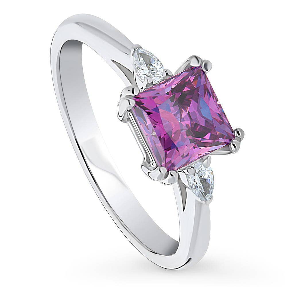 BERRICLE Silver 3-Stone Purple Princess Cut CZ Fashion Ring