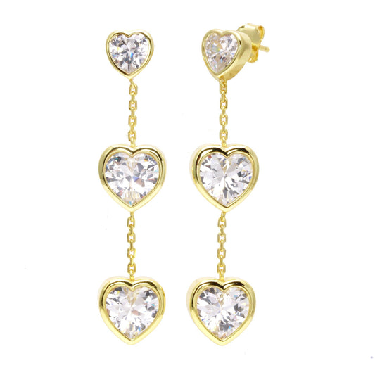 Sterling Silver gold plated Triple Heart Drop CZ Earrings