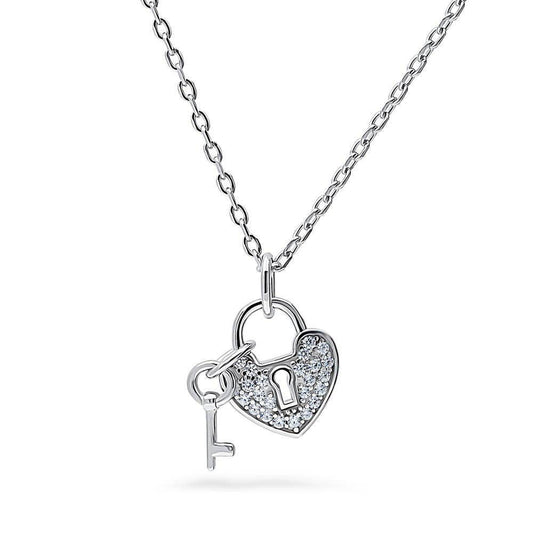 BERRICLE Sterling Silver Key Lock Heart CZ Pendant Necklace