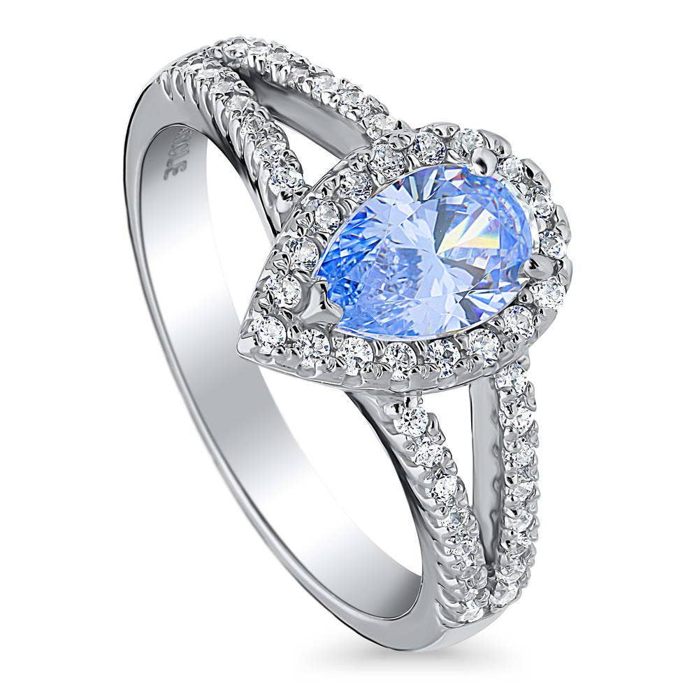 BERRICLE Silver Halo Blue Pear CZ Fashion Split Shank Ring