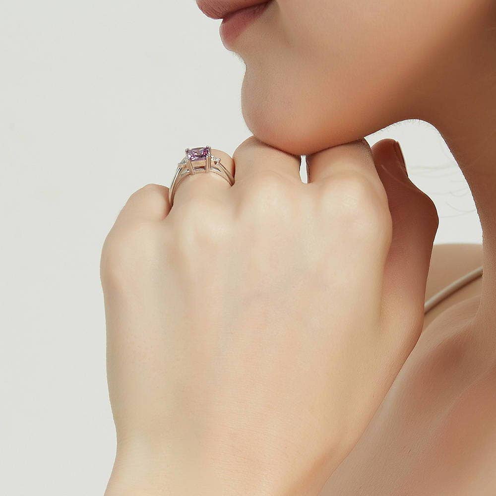 BERRICLE Silver 3-Stone Purple Princess Cut CZ Fashion Ring