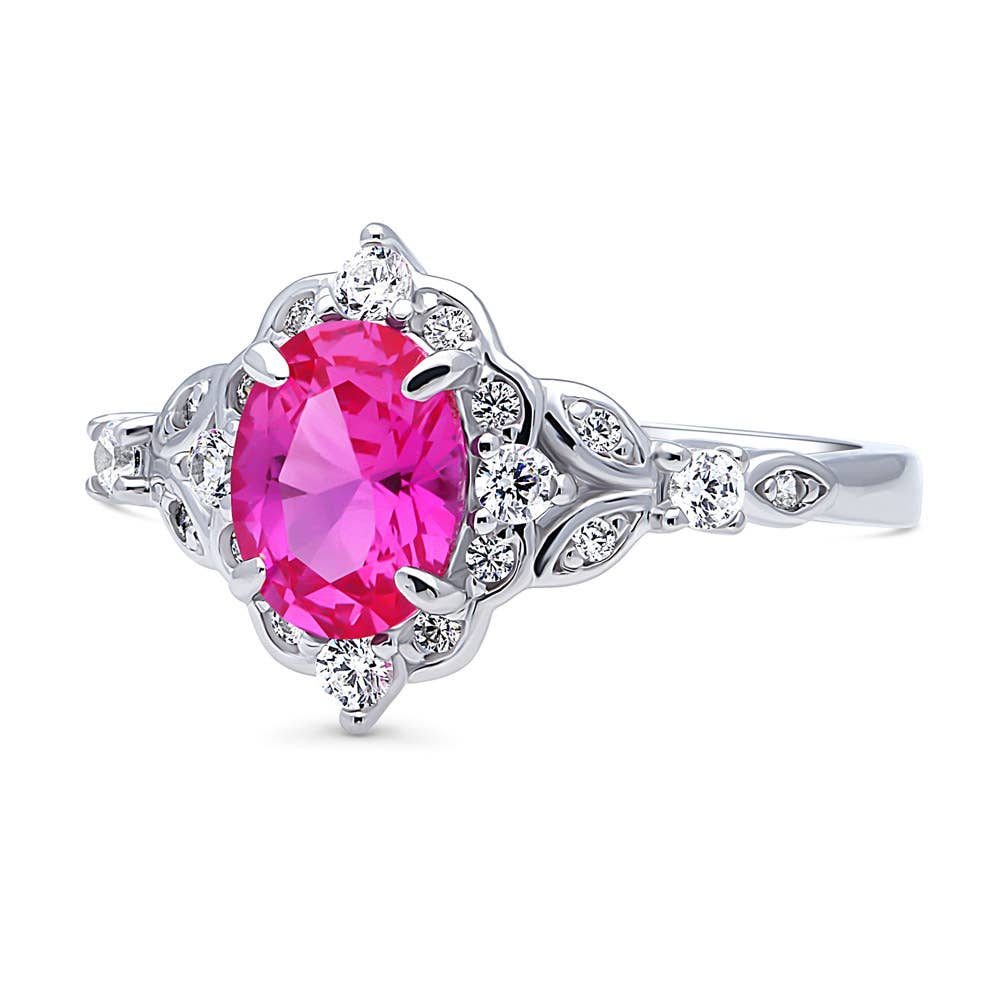 BERRICLE Silver Halo Pink Oval CZ Wedding Engagement Ring