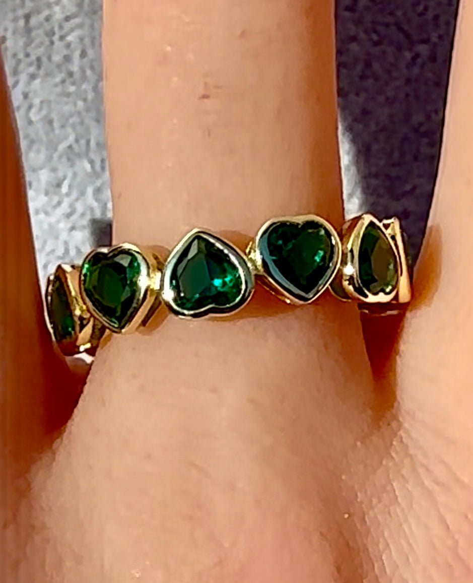 Sterling Silver Gold Plated Green Hearts Eternity Band Ring