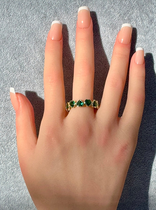 Sterling Silver Gold Plated Green Hearts Eternity Band Ring