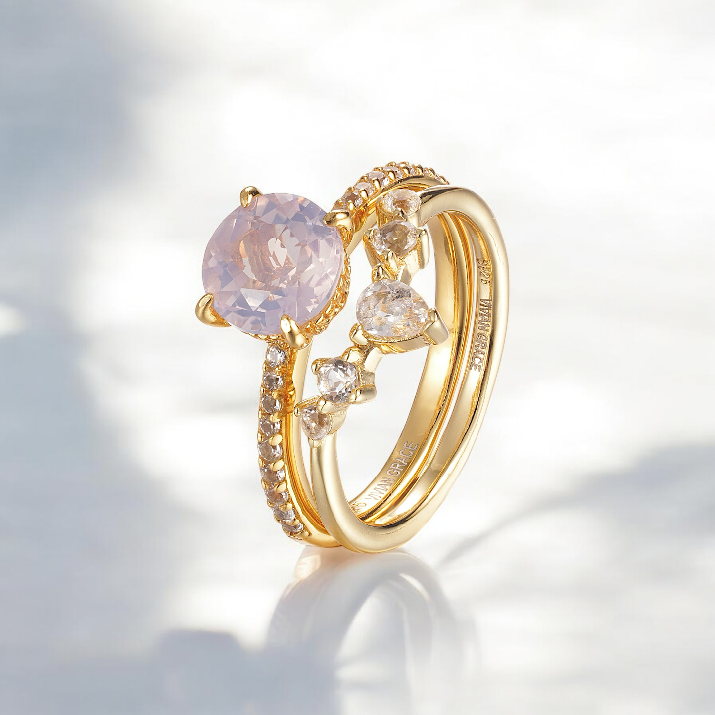 Lavender Quartz & White Topaz Ring Set - Gold Vermeil