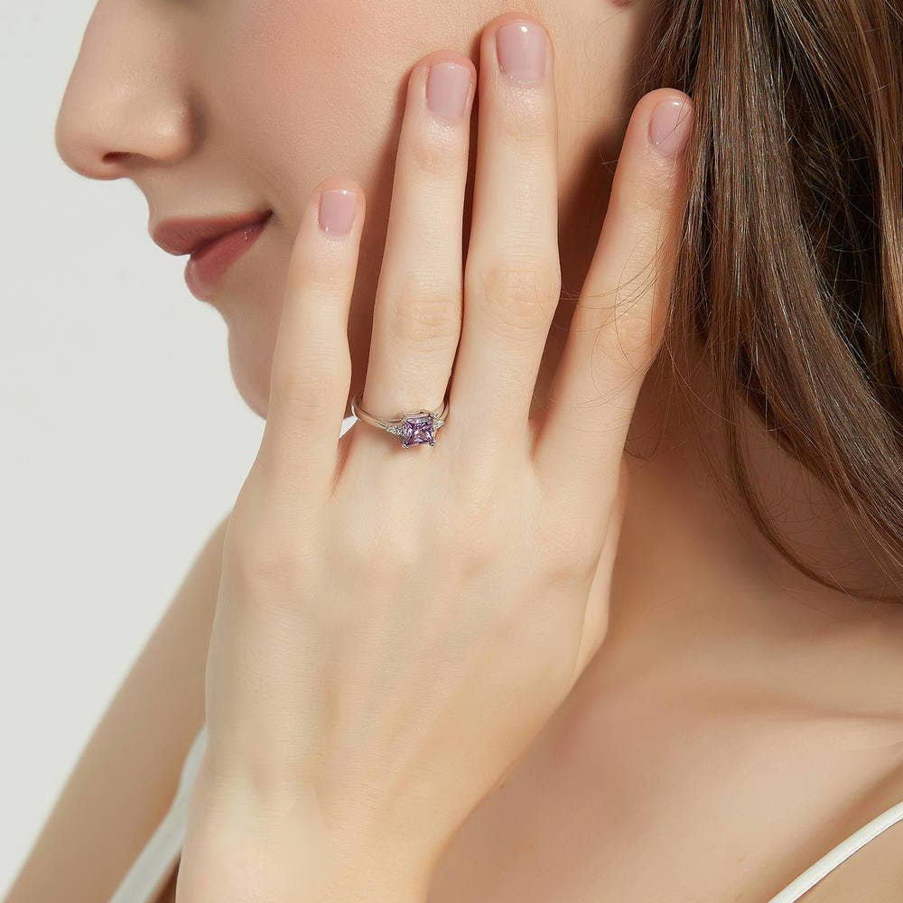 BERRICLE Silver 3-Stone Purple Princess Cut CZ Fashion Ring