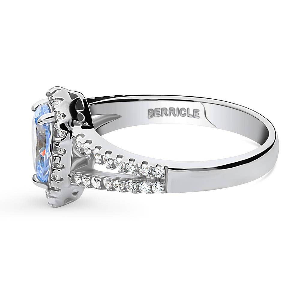 BERRICLE Silver Halo Blue Pear CZ Fashion Split Shank Ring