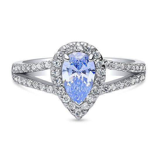 BERRICLE Silver Halo Blue Pear CZ Fashion Split Shank Ring