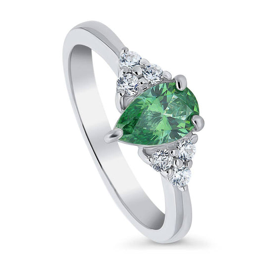 BERRICLE Silver Solitaire Green Pear CZ Promise Ring 0.8ct