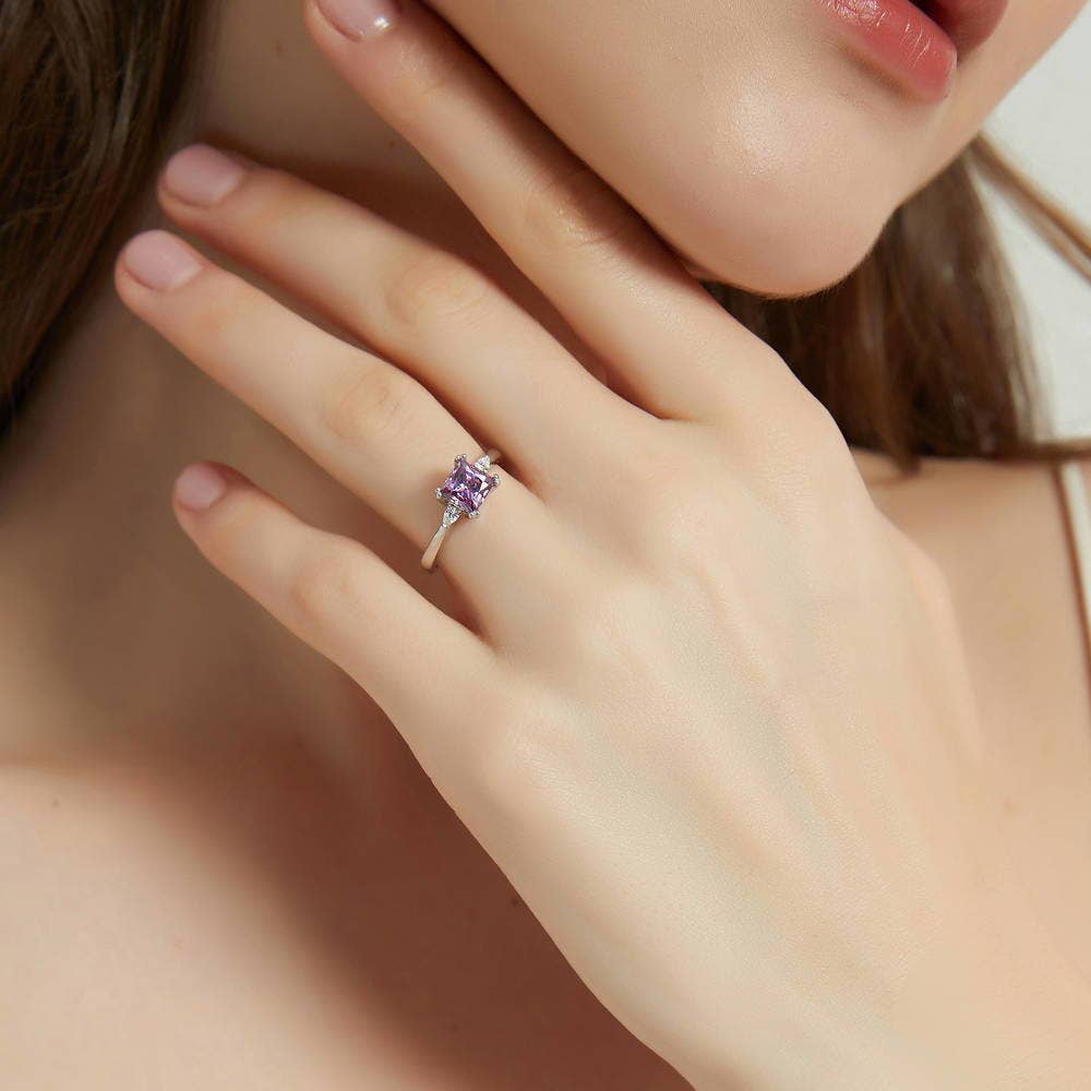 BERRICLE Silver 3-Stone Purple Princess Cut CZ Fashion Ring